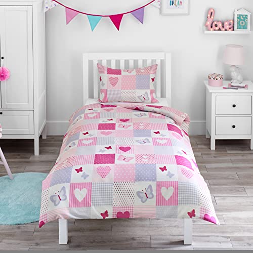 Bloomsbury Mill - Patchwork Con Cuori E Farfalle - Set Di Biancheria Da Letto Per Bambini - Rosa E Lilla - Copripiumino 135 Cm X 200 Cm E Federa Per L