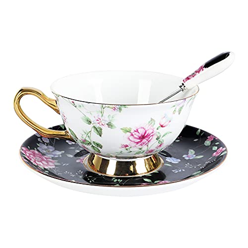Fanquare Set Tazza Da Tè E Piattino In Bone China Di Rose E Farfalle, Tazza Da Caffè In Porcellana Con Finiture In Oro, 200Ml