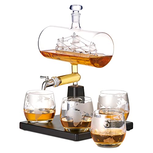 Decanter Per Whisky E Grappa (1000 Ml) Con Set Di Bicchieri - Dispenser Di Alcol A Forma Di Nave - Confezione Regalo Con Design Raffinato