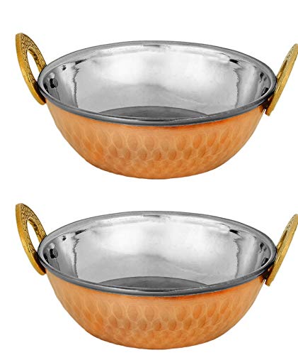Zap Impex - Piatto Da Portata Indiano, In Rame E Acciaio Inox Martellato, Per Piatti Indiani E Piatti Da Portata, 2 Pezzi, Diametro 15 Cm