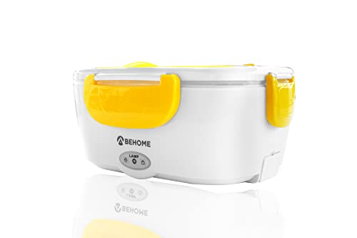 Behome Scaldavivande Elettrico Portatile Con 2 Contenitori Removibili 1,5 Litri Lunch Box Con Vano Portaposate E Cucchiaio (Giallo)