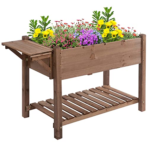Outsunny Letto Per Orto Rialzato In Legno, Fioriera Rialzata Con Ripiano Pieghevole E Mensola Inferiore, 123X54X74Cm, Marrone