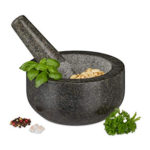 Relaxdays Mortaio & Pestello In Granito, Resistente, Foglie Di Basilico, Pesto, In Pietra Lucida, Ø 16, 400 Ml, Grigio