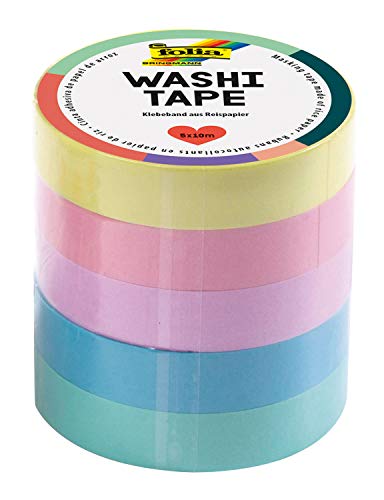 Folia 26439 - Nastro Adesivo Washi In Carta Di Riso Pastello, Set Da 5 Pezzi, 10 M X 10 Mm, Ideale Per Decorare E Decorare