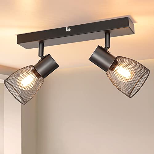 Dehobo Faretti Led Interno, Faretti Da Soffitto 2 Luci Orientabili, Binario Faretti Nero E14, Lampadario Faretti Con Paralumi In Rete Metallica Vintag