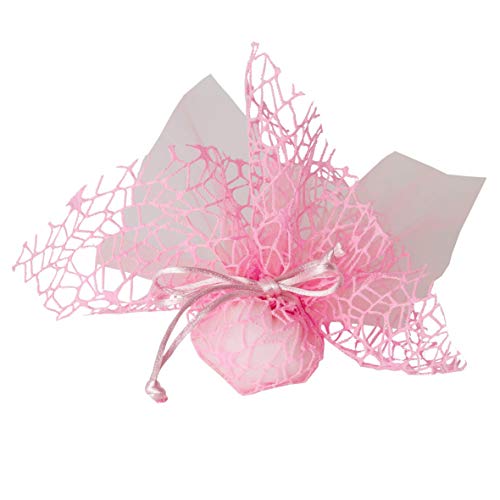 Confezione 50 Pezzi Bomboniera Sacchettino Polycotton Rete + Velo Organza + Nastro Autotirante, Portaconfetti Sacchetti A Rete Colore Rosa Themagicfou