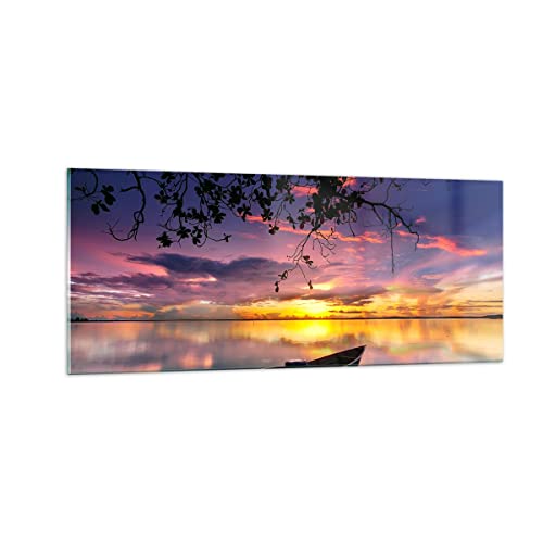 Quadro Su Vetro 100X40Cm Stampe Da Parete In Vetro Barca Tramonto Lago Cielo Grandi Decorazione Murale Camera Da Letto Cucina 1 Pezzo Quadri Moderni S