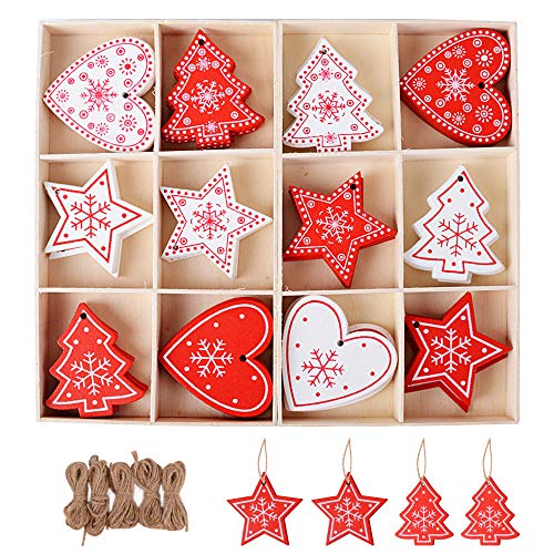 Serwoo Set Di 48 Decorazioni Natalizie In Legno Con Foro Albero Di Natale + 2 Scatole Di Immagazzinaggio + 5 Corde Di Spago Ornamentali, Accessori Di
