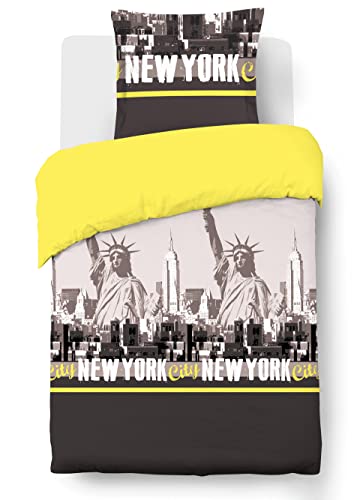 Vision - Parure Copripiumino New York Giallo - Copripiumino 140 X 200 Cm Con 1 Federa Assortita, 65 X 65 Cm, 100% Cotone