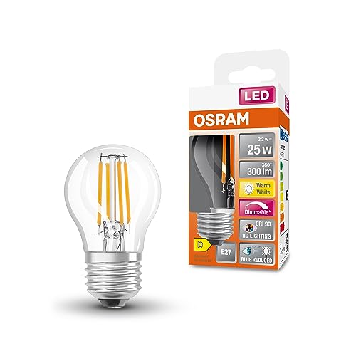 Osram Lampada Led Superstar+ Classic P Fil 25, E27, Sfera, 2.2W, 300Lm, 2700K, Luce Bianca Calda, Componente Blu E Affaticamento Visivo Notevolmente R
