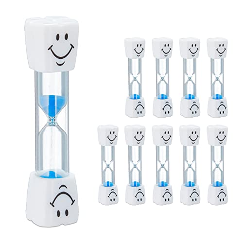 Relaxdays Clessidra Denti Bambini, Set 10 Gadget Timer Bimbi, Orologio 3 Minuti, Vetro E Sabbia, Silenzioso, Bianco/Blu