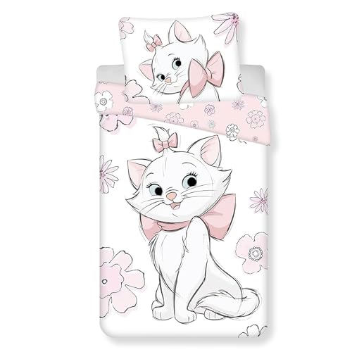 Jerry Fabrics Aristogatti Marie Flowers - Set Copripiumino Singolo E Federa, 100% Cotone, Dimensioni Europee, Set Copripiumino Reversibile Per Bambini