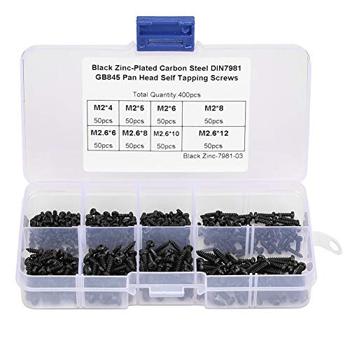 Viti Autofilettanti, 400Pcs Viti A Testa Piatta A Croce Nera, Set Kit Assortiti M2/M2.6, Per Legno Plastica Metallo
