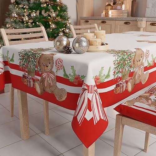 Petti Artigiani Italiani - Tovaglia Natalizia Antimacchia Rettangolare Copritavolo Natalizio Cucina Disegno Orsetto X6 Posti (140X180 Cm) 100% Made In