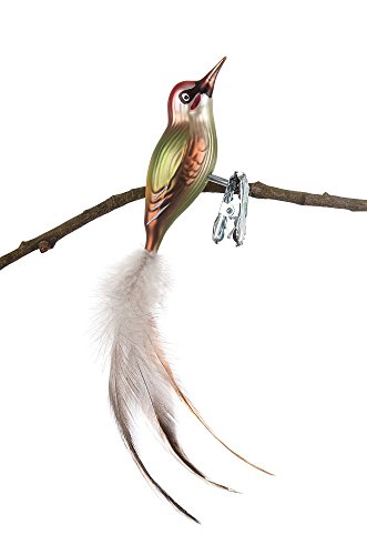 Thüringer Weihnacht Uccello Di Vetro, Picchio Verde Con Piuma Naturale, 18 X 3,3 X 4,5 Cm