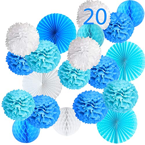 20 Pompom Blu Decorazioni Battesimo Bimbo Pom Pom Decorativi Blu E Bianchi, Pompon Carta Velina E Ventagli Di Carta. Ghirlande Per Compleanno, Festa N