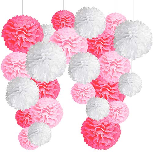24 Pompom Rosa Decorazioni Battesimo Bimba Pom Pom Decorativi Rosa E Bianchi, Pompon Carta Velina. Ghirlande Per Compleanno, Festa Nascita E Baby Show
