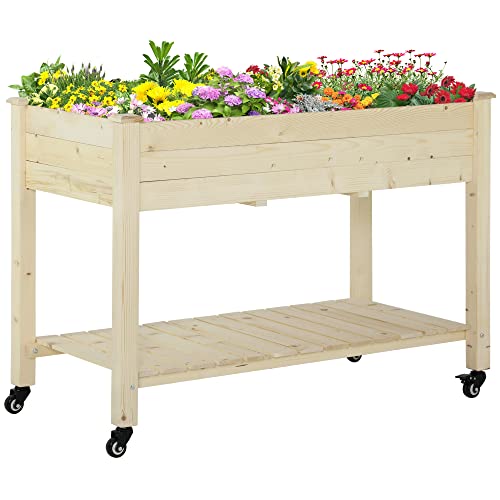 Outsunny Letto Per Orto Rialzato In Legno Con Rotelle, Fioriera Rialzata Con Ripiano Inferiore, 118X55X83Cm, Legno Naturale