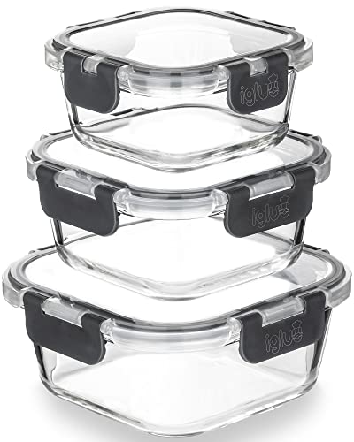 Igluu Meal Prep – Contenitori Quadrati Impilabili In Vetro (Confezione Da 3) – Senza Bpa – Set Di Contenitori Ermetici A Prova Di Perdite, Adatti A Mi