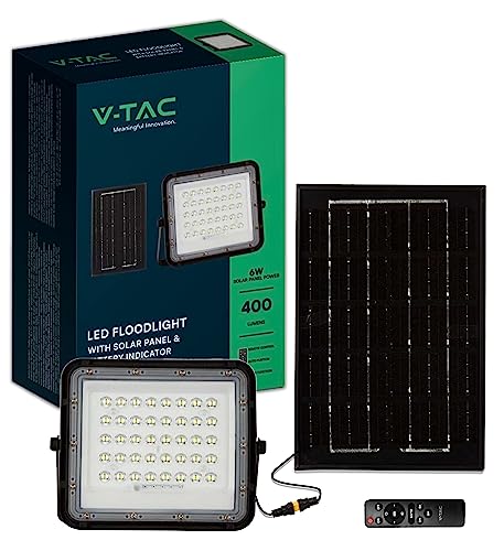 V-Tac Faro Led Da Esterno Con Pannello Solare 6W - Autonomia 12 Ore - Chip Samsung - Ip65-400 Lumen - Proiettore Led Con Telecomando E Batteria Per Ca