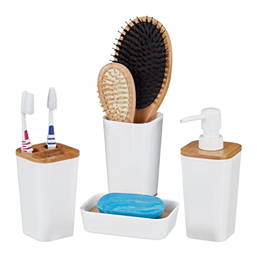 Relaxdays Set Da 4 Accessori Da Bagno, Moderno, Bicchiere Porta Spazzolini Dispenser Sapone, In Plastica E Bambù, Bianco