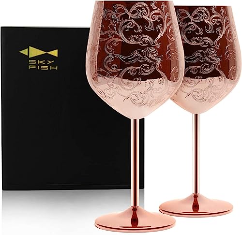 Sky Fish Bicchieri Da Vino Rosso, Set Di 2 Calici Da Vino In Acciaio Inox, Placcati In Rame E Incisi Con Intricate E Autentiche Incisioni Barocche, 48