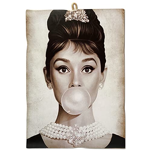 Kustom Art Quadro Quadretto Stile Vintage Serie Attori & Caffè Audrey Hepburn Stampa Su Legno 18X25 Cm.