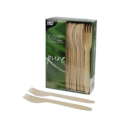 Papstar 100 Gabeln Holz Pure Einweggabel Besteck Pommes Fork 16,5Cm Gabel, Legno, 1-Confezione, Unità