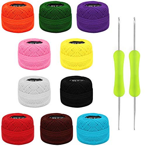 Kurtzy Gomitoli Cotone Per Uncinetto Set (10 Filati X Uncinetto) - 2 Uncinetti Ergonomici Inclusi (1 Mm, 2 Mm) - Peso Gomitolo Cotone Per Uncinetto (1