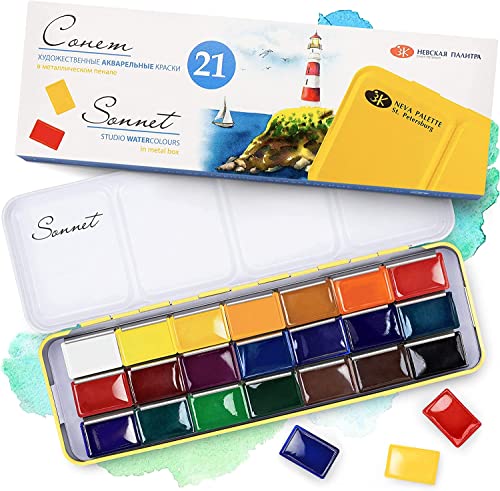 Sonnet Set Colori Acquerello | 21 Acquerelli In Scatola Di Metallo Multiuso | Creati Da Nevskaya Palitra