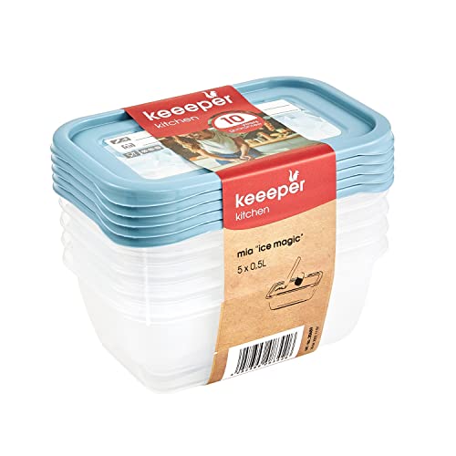 Keeeper Set Di 5 Contenitori Per Congelare Alimenti, Coperchio Su Cui Scrivere, 5 X 500 Ml, 15,5 X 10,5 X 6 Cm, Mia Magic Ice, Nordic Blue (Blu)