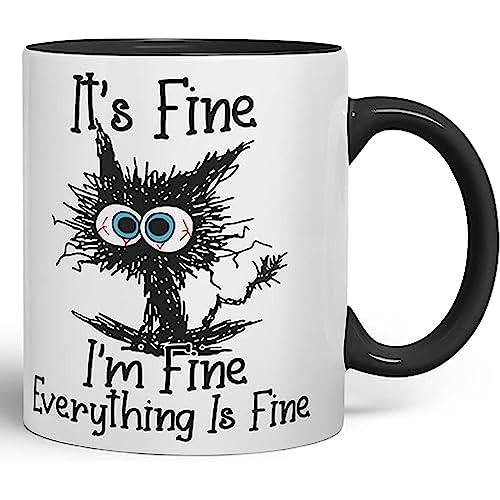Vixar Tazza Colorata Con Scritta Its Fine I'M Fine Everything Is Fine Cat Joke, Idea Regalo Per Compleanno, Lavoro, Ufficio, Natale, Tè, Caffè (Nero)