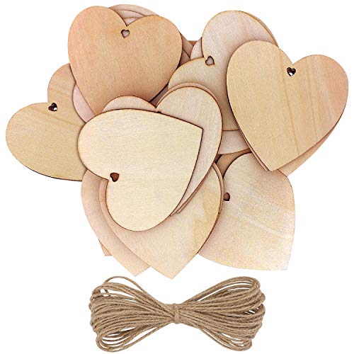 Kurtzy Set 25 Cuori Legno Con Spago Da 10M - 10X10Cm Decorazioni Legno Forma Cuoricini Di Legno Grezzi Con Fori - Cuoricini Decorativi Per Matrimoni,