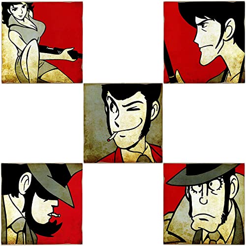 Kustom Art Set Composizione 5 Calamite (Magnete) Stile Vintage Per Frigorifero Lupin Iii: Lupin, Goemon, Jigen, Fujiko, Zenigata Da Collezione Stampa