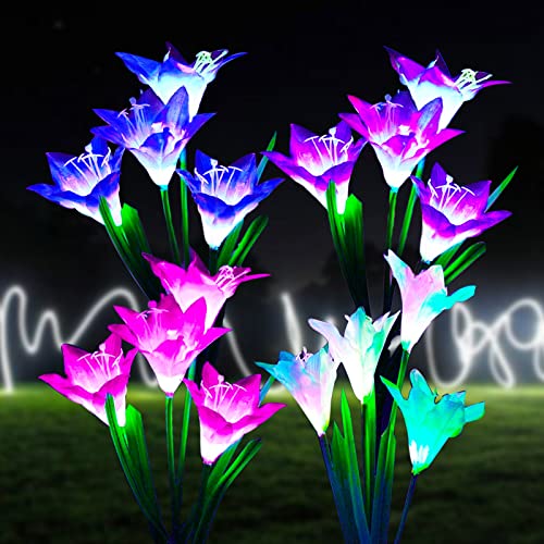 Zqx Luci Solari Per Esterni Da Giardino, 4 Pezzi Luci Solari Impermeabili Per Fiori Con 16 Gigli Più Grandi, Luci Solari Da Giardino Multicolore Per P