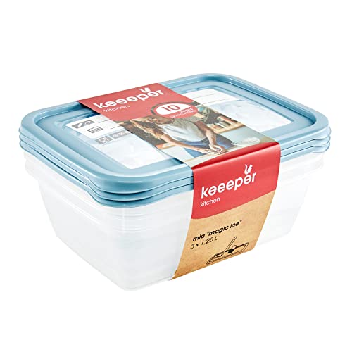 Keeeper Set Di 3 Contenitori Per Congelare Alimenti, Coperchio Su Cui Scrivere, 3 X 1,25 L, 20,5 X 15,5 X 6,5 Cm, Mia Magic Ice, Nordic Blue (Blu)