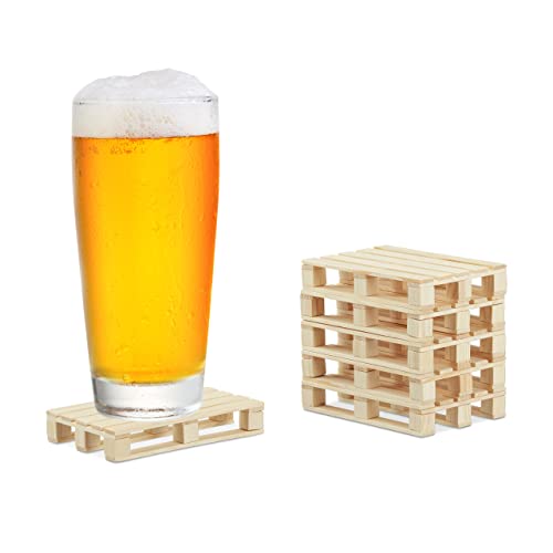 Relaxdays Sottobicchieri Mini Pallet, 6, Poggiabicchieri Antiscivolo, Bancali In Legno, Hlp: 2X12X8Cm, Naturale, Set Da 6X Pz, 6 Unità