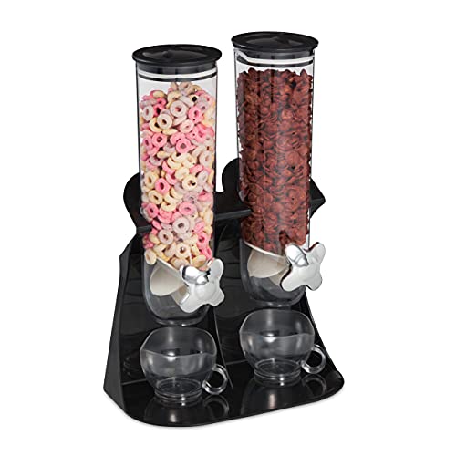 Relaxdays Dispenser Cereali Doppio, Distributore Per Corn Flakes, Cioccolatini, Nocciole E Dolcetti, In Plastica, Nero, 1 Pz