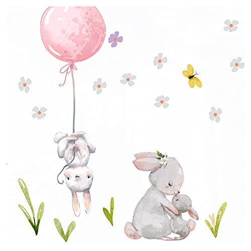 Little Deco Adesivo Da Parete Per Cameretta Dei Bambini, Motivo Coniglietti Con Palloncino Rosa E Stelle, Famiglia Di Animali, Dl209-12