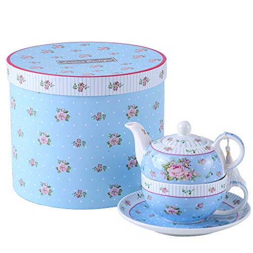 London Boutique, Teiera E Tazza Da Tè In Porcellana, Stile Vintage, Motivo Floreale Con Rose Vittoriane, Colore: Blu