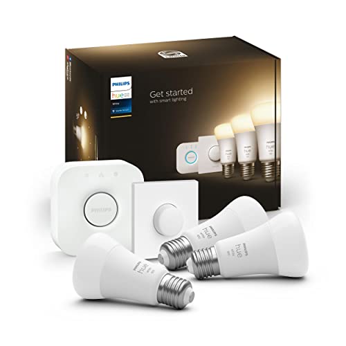 Philips Hue White Starter Kit 3 Lampadine Smart, Luce Bianca Calda, Bluetooh, Dimmerabili, Attacco E27, 9.5W, Hue Bridge E Hue Smart Button Inclusi, B