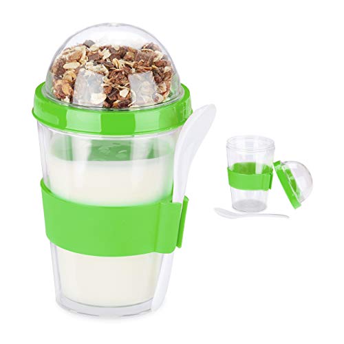 Relaxdays Set Di 2 Bicchieri Per Cereali, Yogurt, Cereali Da Asporto, Incluso Cucchiaio, 400 Ml, Altezza 16 X 8 Cm, Verde, 1 Pezzo