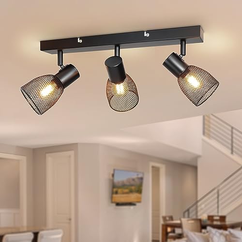 Dehobo Faretti Led Interno, Faretti Da Soffitto 3 Luci Orientabili, Binario Faretti Nero E14, Lampadario Faretti Con Paralumi In Rete Metallica Vintag