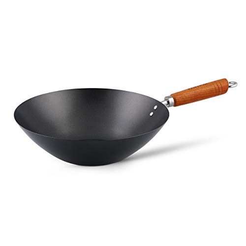 Ken Hom Kh331001 Wok Antiaderente Acciaio Al Carbonio, 31Cm, Classic, Padella Non A Induzione, Con Manico In Legno, Base Piatta, Non Lavabile In Lavas