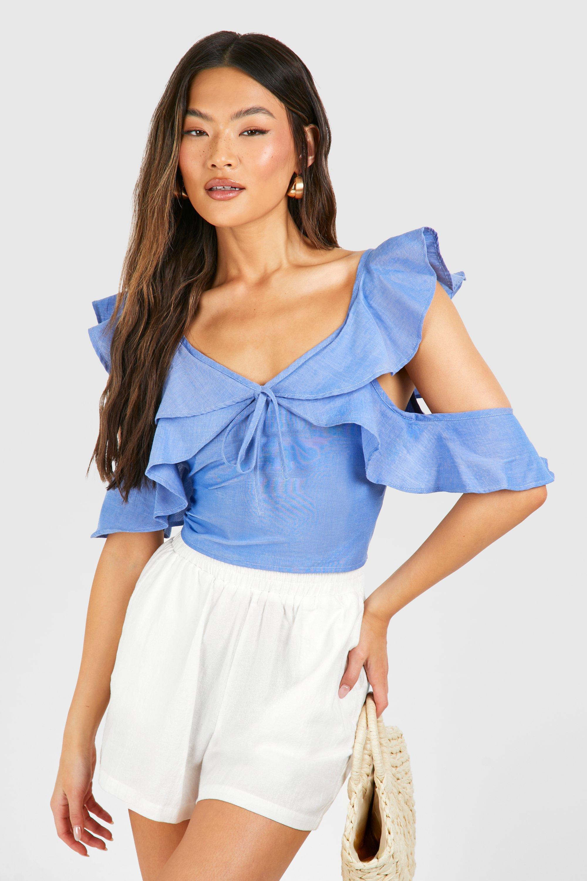 Chambray Ruffle Crop Top, Azzurro