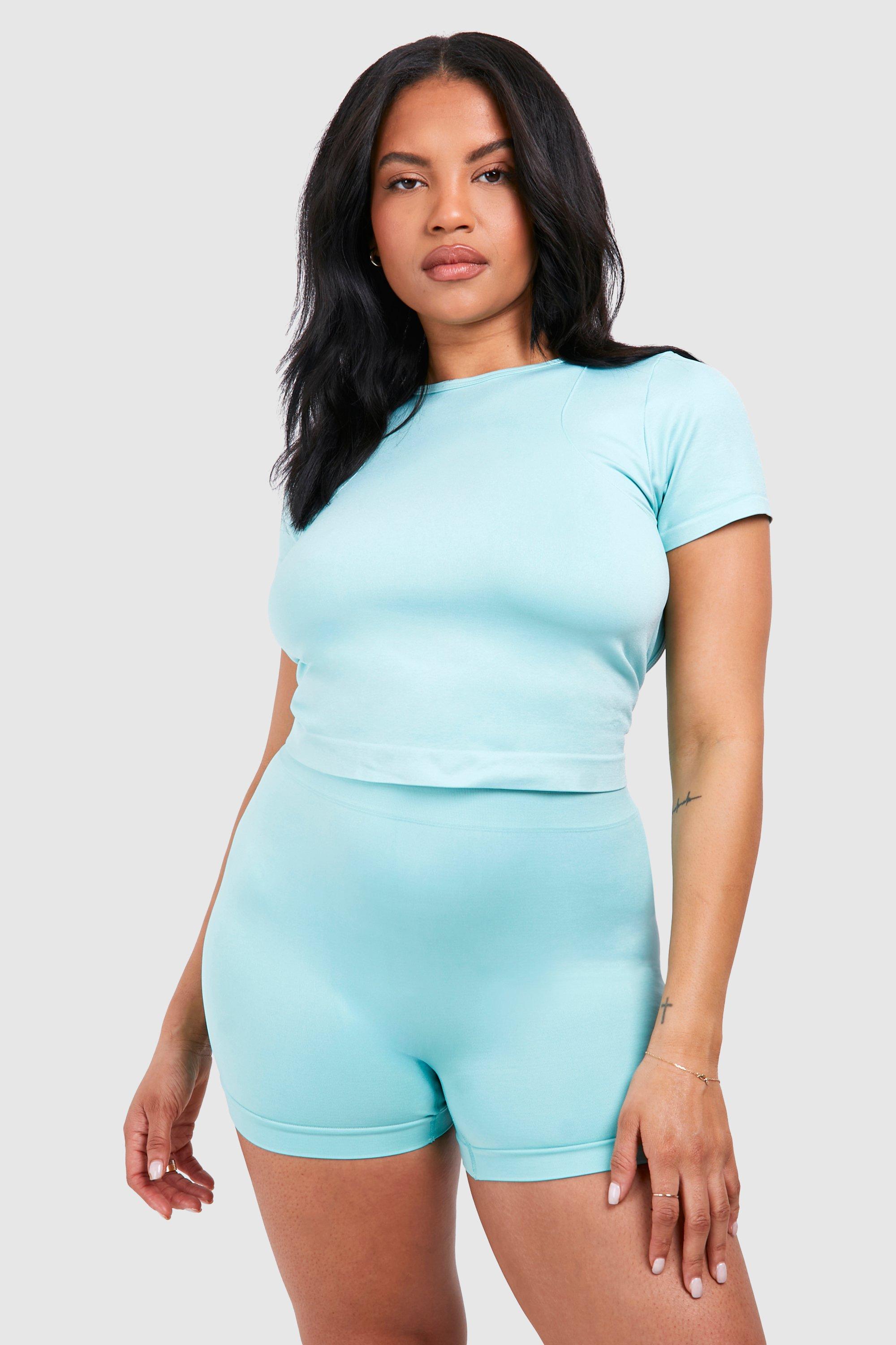 Plus Supersoft Premium Seamless Seam Detail Open Back Top, Azzurro