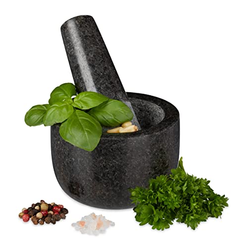 Relaxdays Mortaio & Pestello In Granito, Robusto & Resistente, Erbe Aromatiche, In Pietra Lucida, V 100Ml, Ø 8,5, Grigio, Antracite