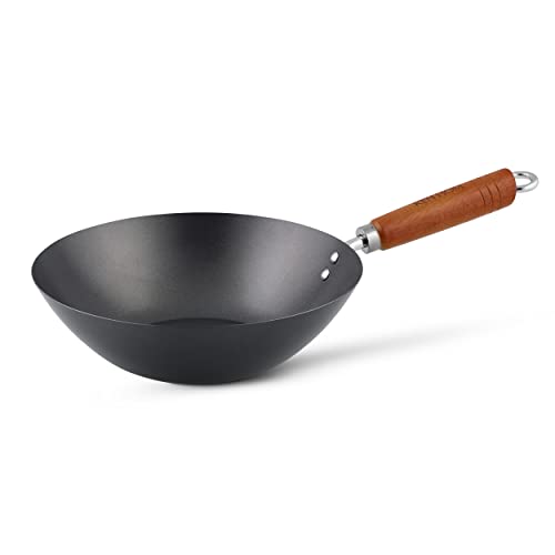 Ken Hom Kh327001 Wok Antiaderente Acciaio Al Carbonio, 27Cm, Classic, Padella Non A Induzione, Con Manico In Legno, Base Piatta, Non Lavabile In Lavas