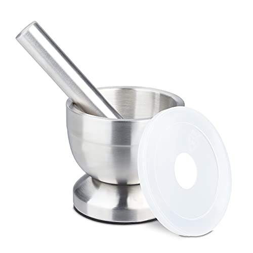 Relaxdays Mortaio E Pestello, In Acciaio, Erbe Aromatiche E Spezie Volume: 200 Ml, Con Coperchio, D: 10 Cm, Argentato, Inox