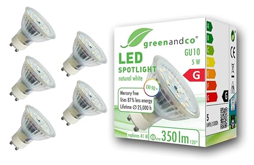 Greenandco 5X Spot A Led Irc 90+ 4000K 110° Gu10 5W (Equivalente Spot Alogeni 41W) 350Lm (Bianco Neutro) Smd Led 230V Ac Vetro, Nessun Sfarfallio, Non